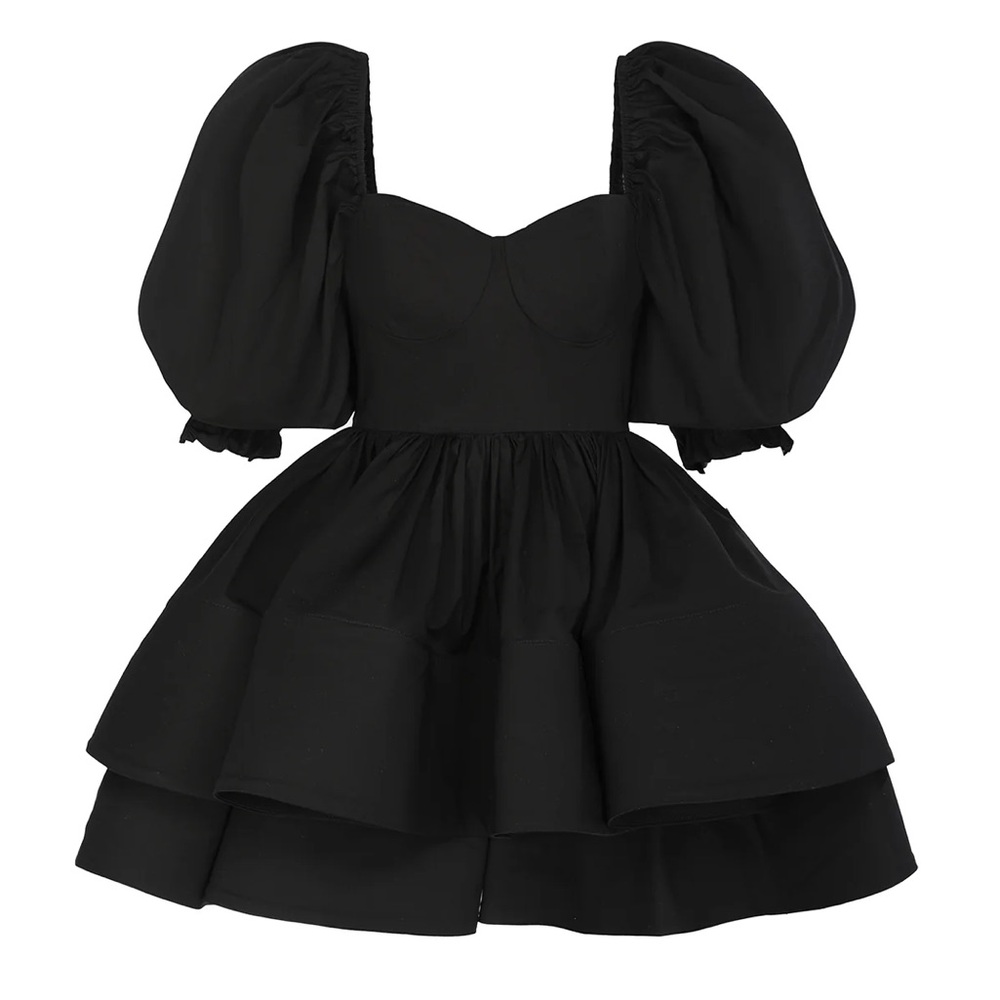 Selkie Black Puff-Sleeve Mini Dress